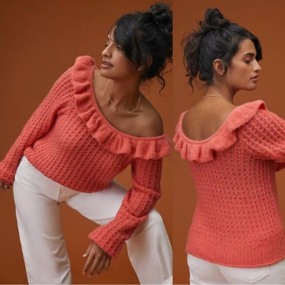 Anthropologie Sweaters - Anthropologie Off the Shoulder Ruffle Sweater Sweater
